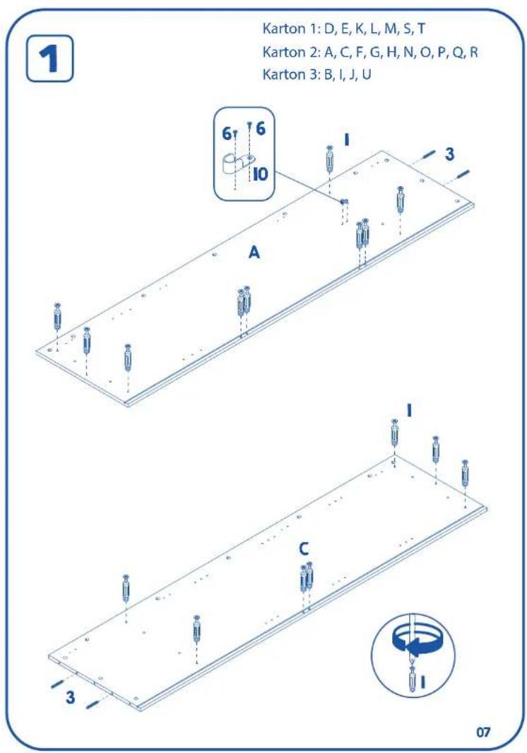 Karton 1: D, E, K, L, M, S, T Karton 2: A, C, F, G, H, N, O, P, Q, R Karton 3: B, I, J, U 6↑ 6 10 A I C 3 07