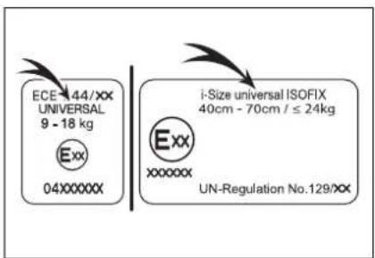 ECE 44/XX UNIVERSAL 9 - 18 kg Exx 04XXXXXX i-Size universal ISOFIX 40cm - 70cm / ≤ 24kg Exx XXXXXX UN-Regulation No.129/XX
