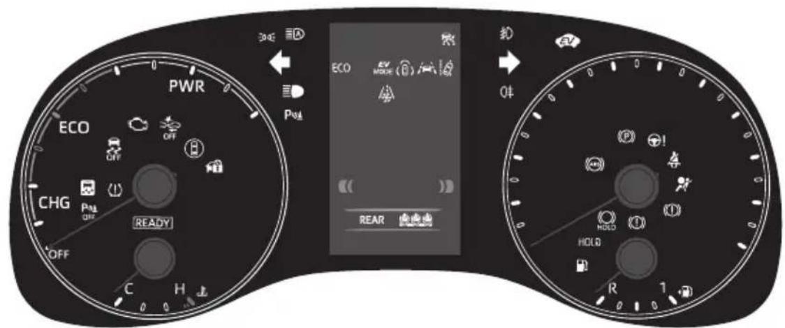 PWR ECO CHG OFF READY C H ECO OFF ECA PWR ECO EV MODE (0) REAR HOLD R 1 04 0