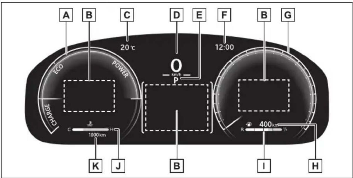 A B C D E F B G 20 °C 12:00 ECO POWER P O km/h C 1000 km H C K J B I H R 400 km ½