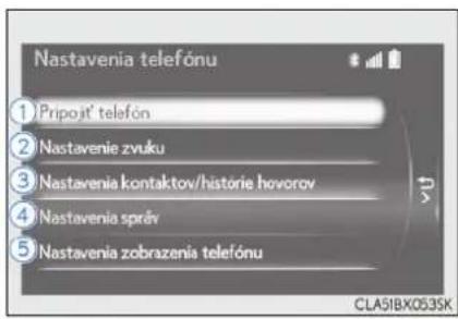 Nastavenia telefónu ① Pripojí' telefón ② Nastavenie zvuku ③ Nastavenia kontaktov/histórie hovorov ④ Nastavenia správ ⑤ Nastavenia zobrazenia telefónu