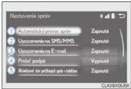 Nastavenia správ 1 Autometicky prenos správ Zapnuté 2 Upozomenie na SMS/MMS Zapnuté 3 Upozomenie na E-mail Zapnuté 4 Pridat' podpis Vypnuté 5 Aktualizovaf stor počitujých správ v telefíne Zapnuté CLA51BX063SK