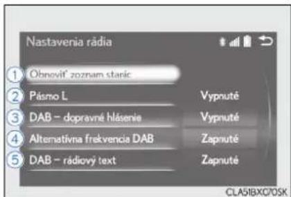 Nastavenia rádia ① Obnovit' zoznam stanic ② Pásmo L 3 DAB - dopravné hlásenie 4 Alternatívna frekvencia DAB 5 DAB - rádiový text Vypnuté Vyputé Zapnuté Zapnuté CLA51BX070SK