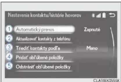 Nastavenia kontaktu/históne hovorov 1 Automatický prenos 2 Aktualizovať kontakty z telefónu 3 Tredit' kontakty podľa 4 Pridat' obľúbené položky 5 Odstránit' obľúbené položky Zapnuté Meno CLA51BX055SK