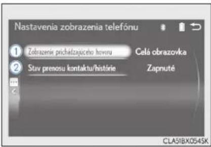 Nastavenia zobrazenia telefónu ① Zobrazione pricházajúčko hovéru Celá obrazovka ② Stav prenosu kontaktu/histórie Zapnuté CLA51BX054SK