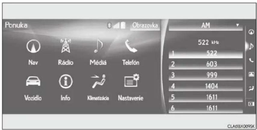 Ponuka Nav Rádio Média Telefón Vozidlo Info Klimatzácia Nastavenie Obrazovka AM 522 kHz 1 522 2 603 3 999 4 1404 5 1611 6 1611 CLA61BX009SK