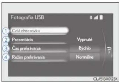 Fotografia USB ① Celá obrazovka ② Prezentácia Vypnuté ③ Čas prehravania Rýchlo ④ Režim prehravania Normálne CLA51BX012SK