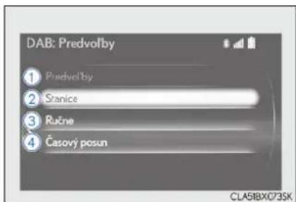 DAB: Predvolby 1 Predvolby 2 Stanice 3 Ručne 4 Časový posun CLA51BX073SK
