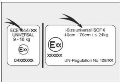 ECE 44/XX UNIVERSAL 9 - 18 kg Exx 04XXXXXX i-Size universal ISOFIX 40cm - 70cm / ≤ 24kg Exx XXXXXX UN-Regulation No. 129/XX
