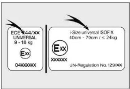 ECE 44/XX UNIVERSAL 9 - 18 kg Exx 04XXXXXX I-Size universal ISOFIX 40cm - 70cm / ≤ 24kg Exx XXXXXX UN-Regulation No. 129/XX