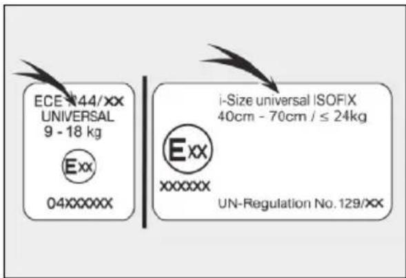 ECE-44/XX UNIVERSAL 9 - 18 kg Exx 04XXXXXX i-Size universal ISOFIX 40cm - 70cm / ≤ 24kg Exx xxxxxx UN-Regulation No. 129/XX