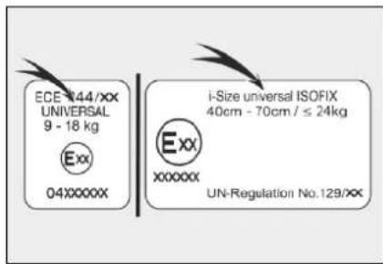 ECE 44/XX UNIVERSAL 9 - 18 kg Exx 04xxxxxx i-Size universal ISOFIX 40cm - 70cm / ≤ 24kg Exx xxxxxx UN-Regulation No.129/XX