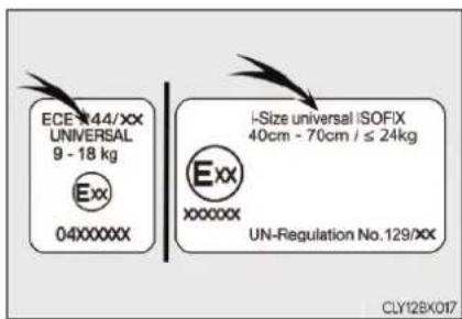 ECE 44/XX UNIVERSAL 9 - 18 kg Exx 04XXXXXX i-Size universal iSOFIX 40cm - 70cm / ≤ 24kg Exx XXXXXX UN-Regulation No.129/XX CLY128X017