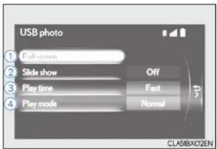 USB photo ① Full screen ② Slide show Off ③ Play time Fast ④ Play mode Normal CLA51BXC02EN