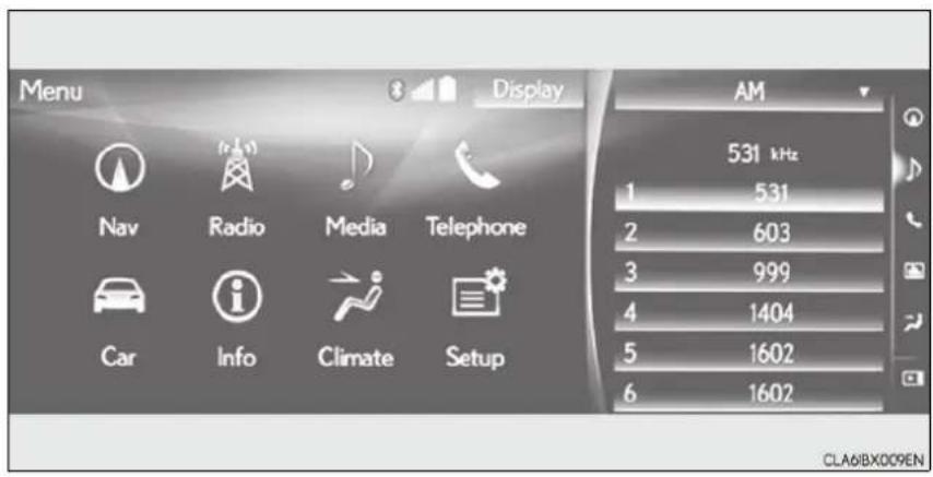 Menu Display AM 531 kHz 1 531 2 603 3 999 4 1404 5 1602 6 1602 Nav Radio Media Telephone Car Info Climate Setup CLA6BX009EN