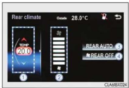 Rear climate Outside 28.0°C TEMP 20.0 1 2 REAR AUTO ③ REAR OFF ④ CLA61BX024