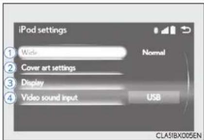 iPod settings Wide Normal Cover art settings Display Video sound input USB CLA51BX005EN