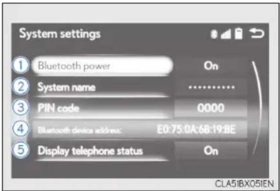 System settings ① Bluetooth power On ② System name .......... ③ PIN code 0000 ④ Bluetooth device address: E0:75:0A:6B:19:BE ⑤ Display telephone status On CLA51BX051EN
