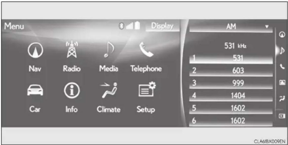 Menu Display Nav Radio Media Telephone Car Info Climate Setup AM 531 kHz 1 531 2 603 3 999 4 1404 5 1602 6 1602 CLA6IBX009EN