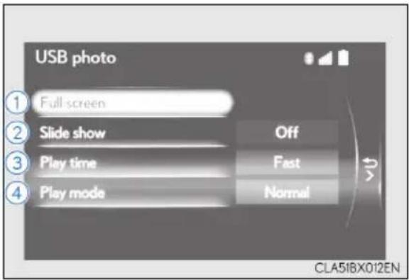 USB photo ① Full screen ② Slide show Off ③ Play time Fast ④ Play mode Normal CLA51BX012EN