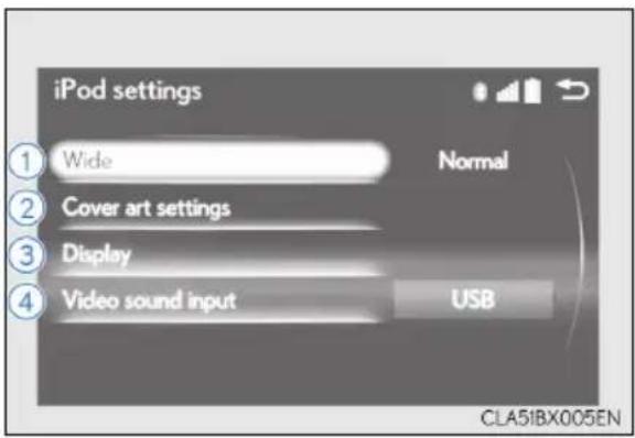 iPod settings Wide Normal Cover art settings Display Video sound input USB CLA51BX005EN