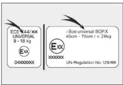 ECE 44/XX UNIVERSAL 9 - 18 kg Exx 04xxxxxx i-Size universal ISOFIX 40cm - 70cm / ≤ 24kg Exx xxxxxx UN-Regulation No. 129/XX
