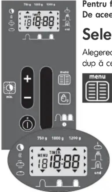 750 g 1000 g 1200 g MENU TIMER 18:18:88 Pentru f De acee Sele Alegereo dup à ce menu + - min. 750 g 1000 g 1200 g MENU TIMER 18:18:88 end