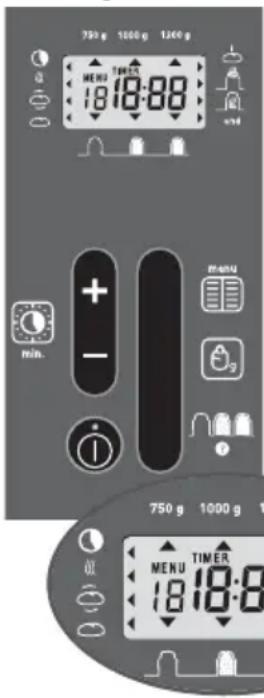 750 g 1000 g 1200 g MENI THER 18 18:88 min. + - MENU 750 g 1000 g 1 MENU TIMER 18 18:8