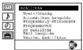 Beállítás Nyely/Oruzág Automatikus hangolás Programmely-átróndezés Programnevek AV beállítás Kézi hangolás Részlet beállítás