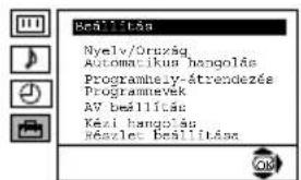 Beállításá Nyely/Óruzág Automacikus hangolás Programmely-átrendezés Programmevek AV beállításá Kézi hangolás Hészlet beállításá