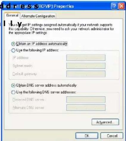 Internet CalSro TCP/IP Properties General Alternate Configuration You can get IP settings assigned automatically if your network supports this capability. Otherwise, you need to ask your network administrator for the appropriate IP settings: ● Obtain an IP address automatically ○ Use the following IP address: IP address Subnet music Default gateway ● Obtain DNS server address automatically ○ Use the following DNS server addresses: Dramed DNS server Alternate DNS server Advanced... OK Cancel