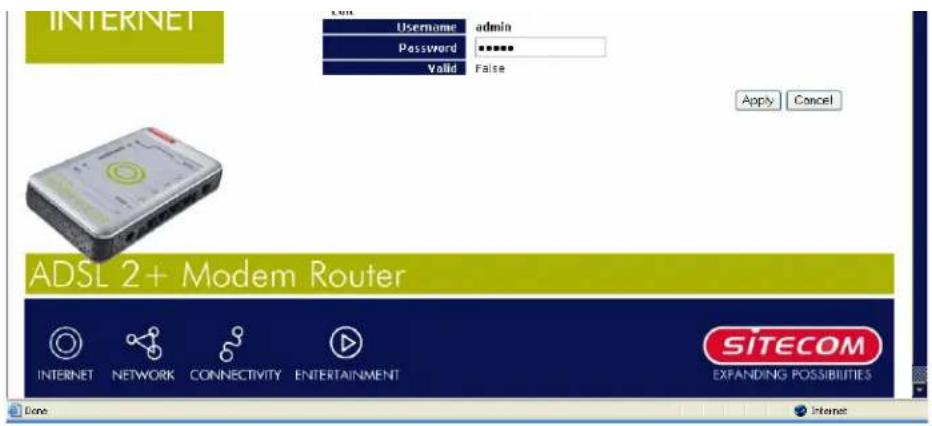 INTERNET Username admin Password ****** Valid False Apply Cancel ADSL 2+ Modem Router INTERNET NETWORK CONNECTIVITY ENTERTAINMENT SITECOM EXPANDING POSSIBILITIES Done Internet