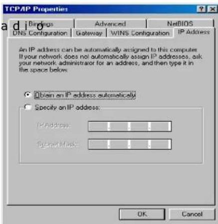 TCP/IP Properties Birings Advanced NetBIOS DNS Configuration Gateway WINS Configuration IP Address An IP address can be automatically assigned to this computer. If your network does not automatically assign IP addresses, ask your network administrator for an address, and then type it in the space below. Obtain on IP address automatically Specify on IP address: IP Address: Sugnet Mask: OK Cancel