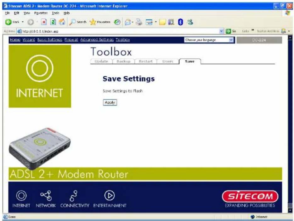 Sitecom ADSL 2+ Modem Router DC-224 - Microsoft Internet Explorer Edit Edit View Favorites Tools Help Back Search Favorites Search Favorites Home Wizard Basic Settings Forward Advanced Settings Toolbox Choose your language DC-224 Toolbox Update Backup Restart Users Save Save Settings Save Settings to Flash Apply ADSL 2+ Modem Router INTERNET NETWORK CONNECTIVITY ENTERTAINMENT SITECOM EXPANDING POSSIBILITIES Done Internet