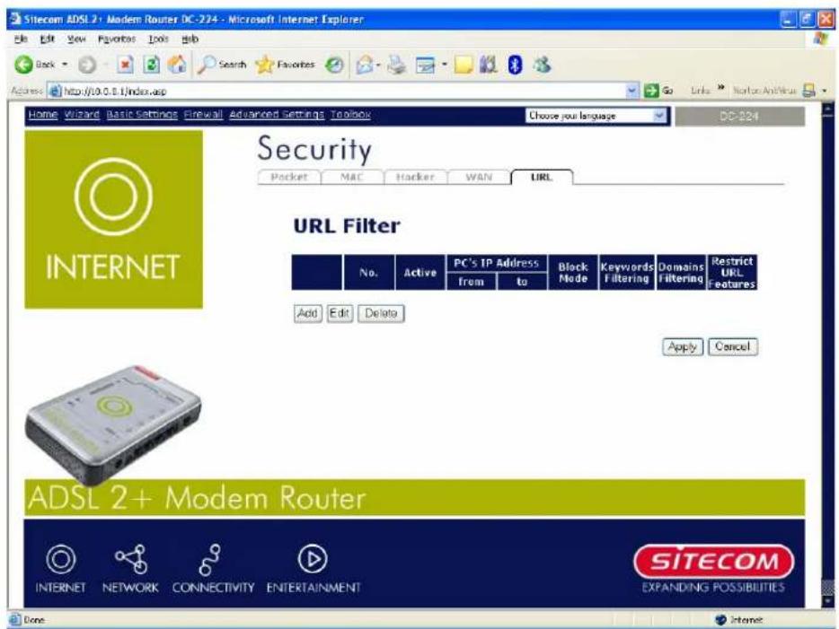 Sitecom ADSL 2+ Modem Router DC-224 - Microsoft Internet Explorer File Edit View Favorites Tools Help Back Search Favorites Go Links Monitor Anti-House Access http://0.0.0.1/index.asp Home Wizard Basic Settings Firewall Advanced Settings Toolbox Choose your language DC-224 Security Pocket MAC Hacker WAN URL INTERNET URL Filter No. Active PC's IP Address Black From to Mode Keywords Filtering Domains Filtering Restrict URL Features Add Edit Delete Apply Cancel ADSL 2+ Modem Router INTERNET NETWORK CONNECTIVITY ENTERTAINMENT SITECOM EXPANDING POSSIBILITIES Done Internet