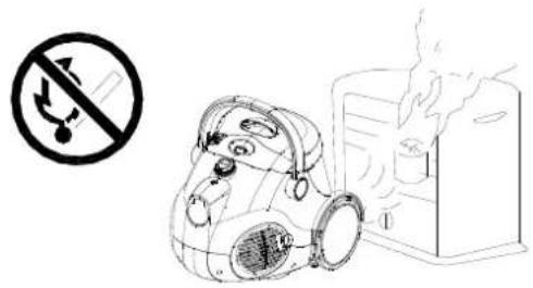 Safety warning symbol with no smoking and a cartoon vacuum cleaner next to a smokestack, indicating no smoking or no smoking.