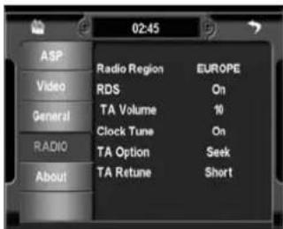02:45 ASP Video General RADIO About Radio Region RDS TA Volume Clock Tune TA Option TA Return EUROPE On 10 On Seek Short