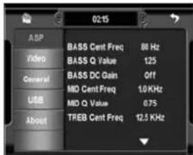 02:15 ASP Video General USB About BASS Cent Freq 86 Hz BASS Q Value 125 BASS DC Gain Off MID Cent Freq 1.0 KHz MID Q Value 0.75 TREB Cent Freq 12.5 KHz