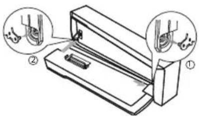 Diagram showing a device with two labeled parts (① and ②) and magnified views of the component.
