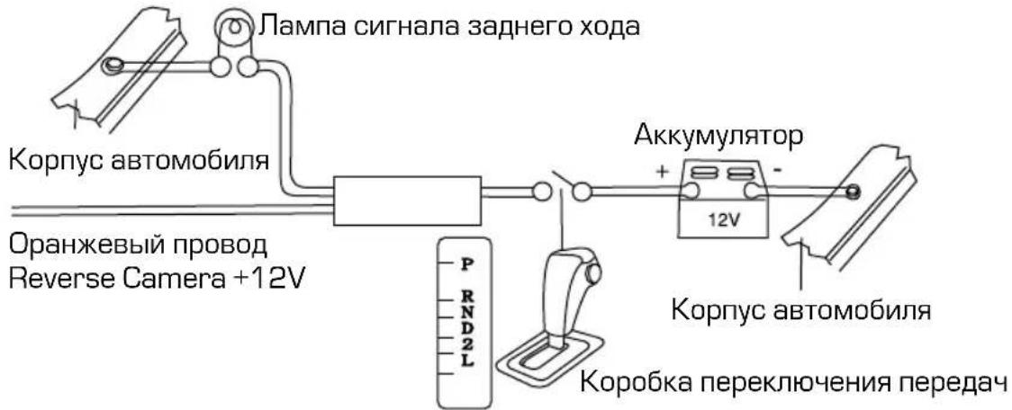 Лампа сигнала заднего хода Корпус автомобиля Оранжевый провод Reverse Camera +12V Аккумулятор + 12V Корпус автомобиля Коробка переключения передач