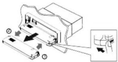 Diagram showing mechanical assembly with labeled components and directional arrows indicating motion or movement
