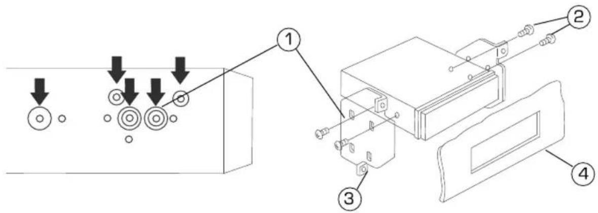 Technical diagram showing assembly steps of a device with labeled components and directional arrows indicating process flow.