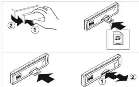 Diagram illustrating four steps of inserting a card into a device, labeled with numbered instructions.