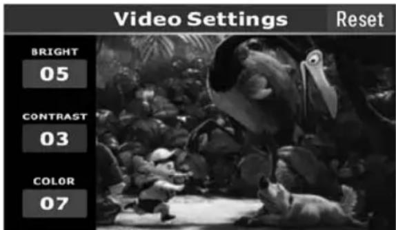 Video Settings Reset BRIGHT 05 CONTRAST 03 COLOR 07