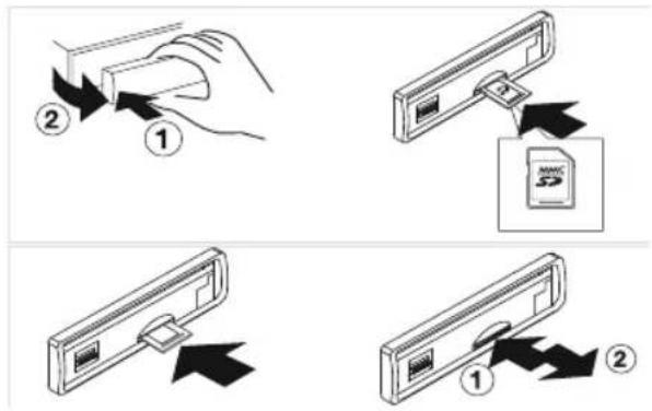 Diagram illustrating four steps of inserting a card into a device, labeled with numbered instructions.