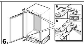 Diagram showing a refrigerator interior with labeled parts and a close-up of the device's internal components, including parts labeled a and b.