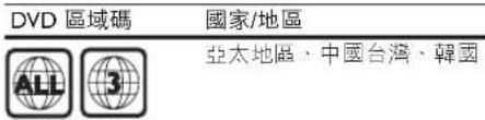 DVD 區域碼 國家/地區 亞太地區、中國台灣、韓國 ALL 3