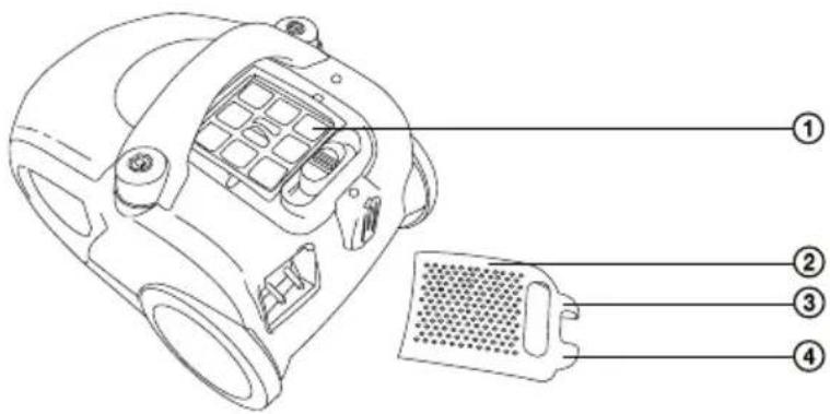 Technical diagram of a device with numbered parts labeled 1 to 4, showing internal components and part layout.