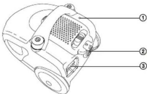 Technical diagram of a mechanical device with numbered parts labeled ①, ②, and ③