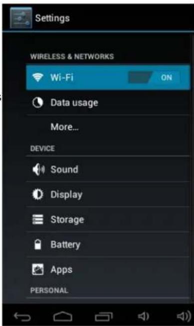 Settings WIRELESS & NETWORKS Wi-Fi ON Data usage More... DEVICE Sound Display Storage Battery Apps PERSONAL